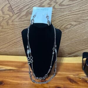 Lia Sophia Charade Silver Tone W Black Beading Necklace Earrings Set Layered NEW